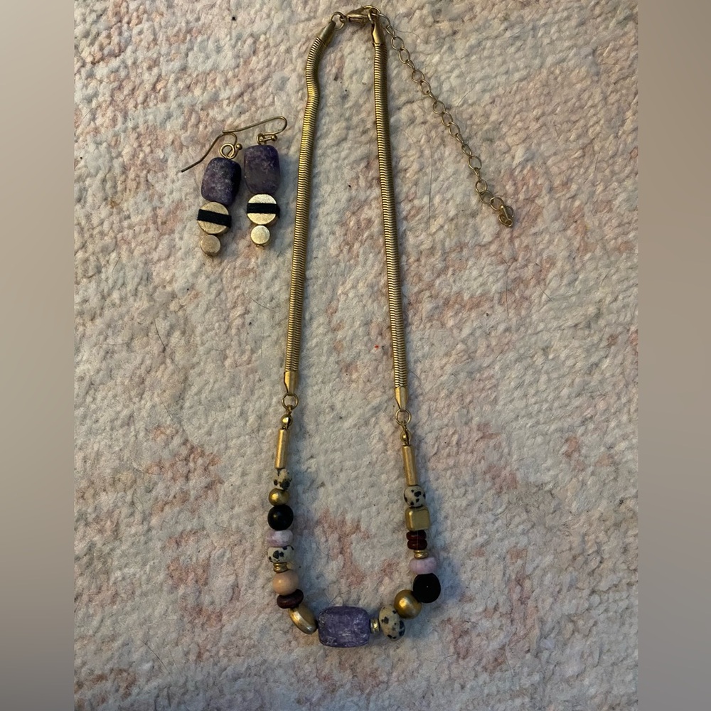 Purple and gold stone necklace and earrings set